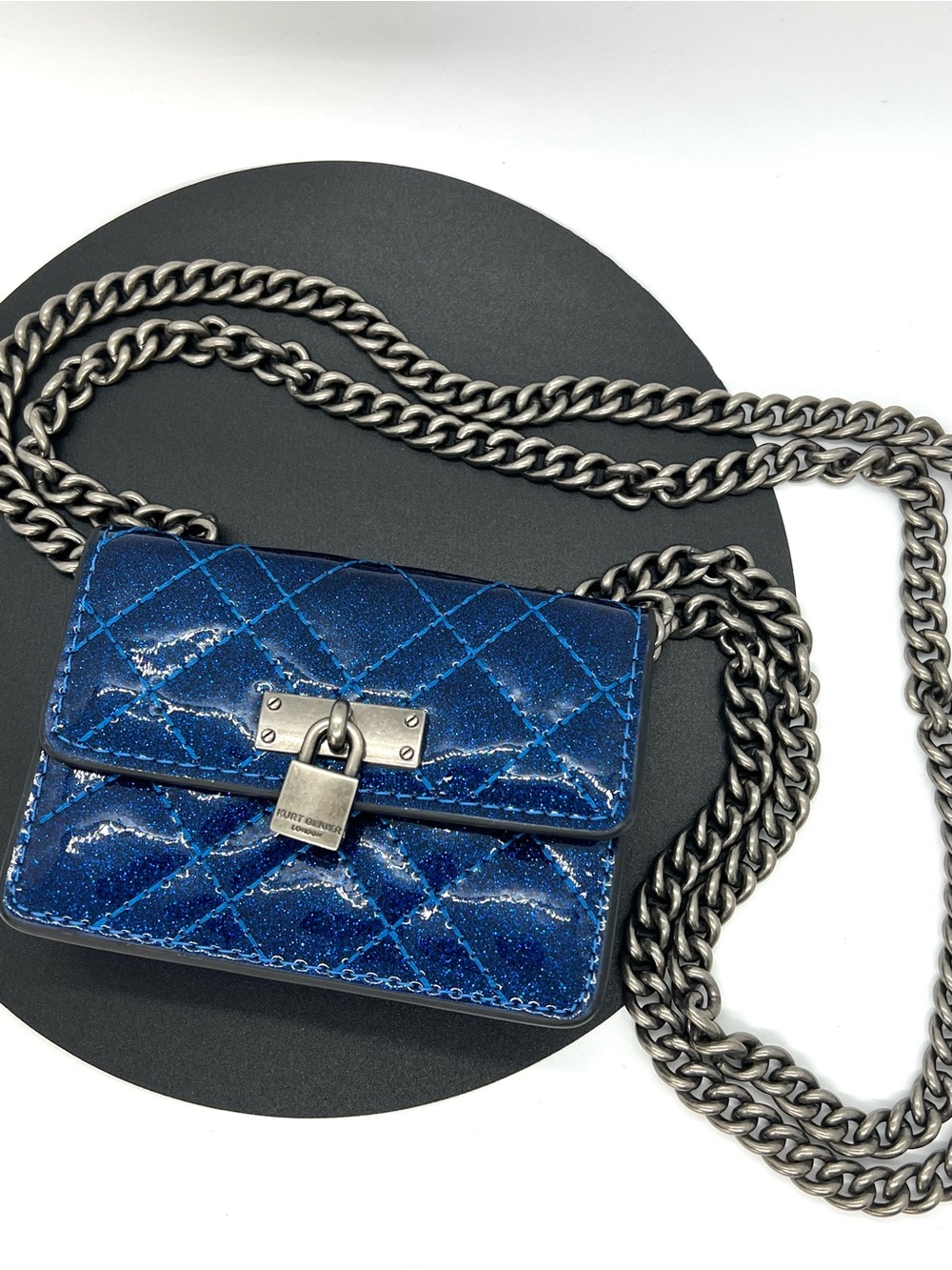 Kurt Geiger London Micro Brixton Quilted Crossbody Bag Blue Glitter EUC
